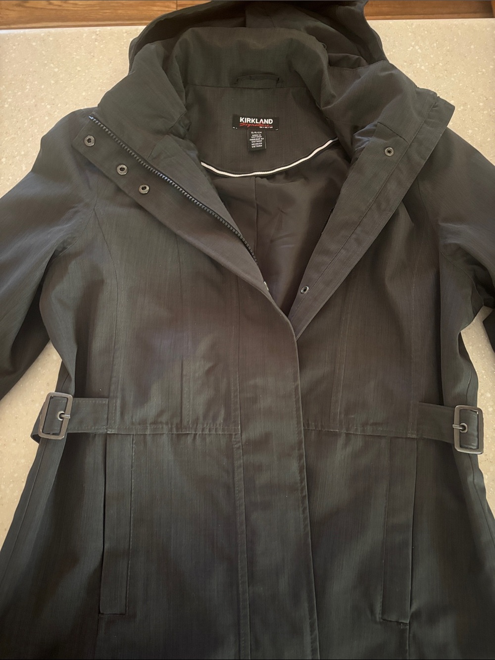Kirkland Signature Women's Black Hooded Trench with Waist Buckles